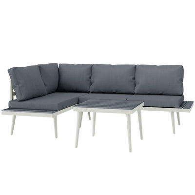 Outsunny 3 Piece Garden Furniture Set with 5-Level Adjustable Lounger, L Shaped Garden Corner Sofa with Cushions, Mesh Seat, Slatted Wood-Grain Table, Outdoor Furniture Set for Conservatory, Grey 