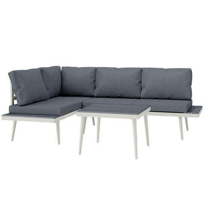 Outsunny 3 Piece Garden Furniture Set with 5-Level Adjustable Lounger, L Shaped Garden Corner Sofa with Cushions, Mesh Seat, Slatted Wood-Grain Table, Outdoor Furniture Set for Conservatory, Grey 