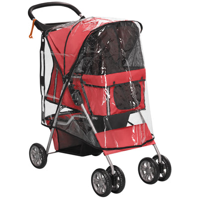 PawHut Dog Stroller with Rain Cover for Small Miniature Dogs, Folding Pet Pram with Cup Holder, Storage Basket, Reflective Strips, Red 