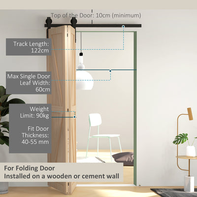 HOMCOM 4FT/122CM Bi-Folding Sliding Barn Door Hardware Track Kit, Heavy Duty Sliding Door Kit for 2 Doors with J Shape Hanger 