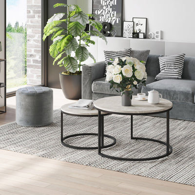HOMCOM Set of Two Marble-Effect Stacking Tables - Wood Grey 