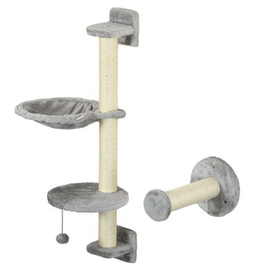 PawHut Four-Piece Cat Wall Furniture with Hammock, Perches, Ladder, Scratching Post, Grey 