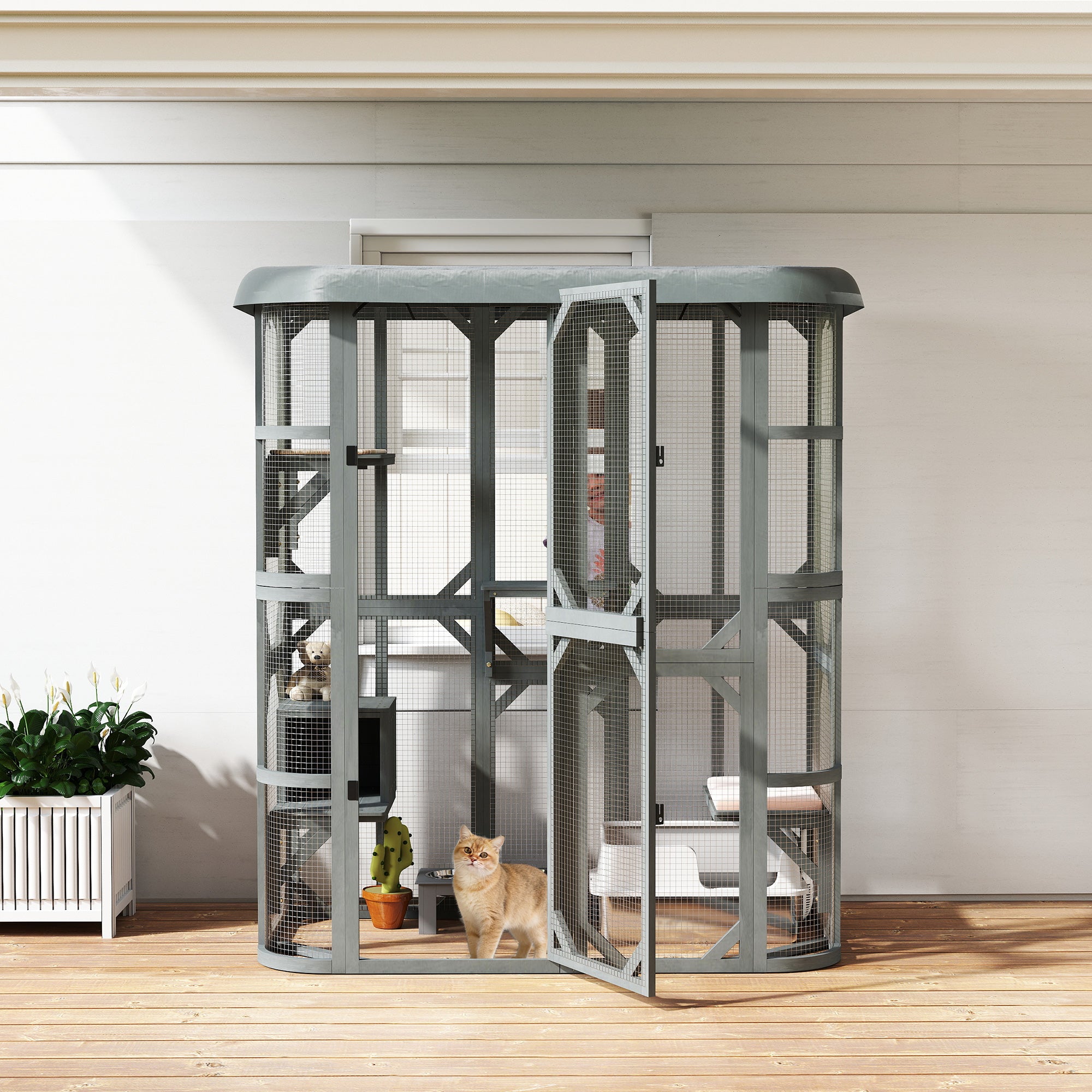 PawHut Catio Outdoor Cat Enclosure,  Wooden Cat House with Platforms, Condo and Waterproof Cover for 2–3 Kittens, Grey 