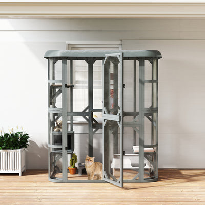 PawHut Catio Outdoor Cat Enclosure,  Wooden Cat House with Platforms, Condo and Waterproof Cover for 2–3 Kittens, Grey 