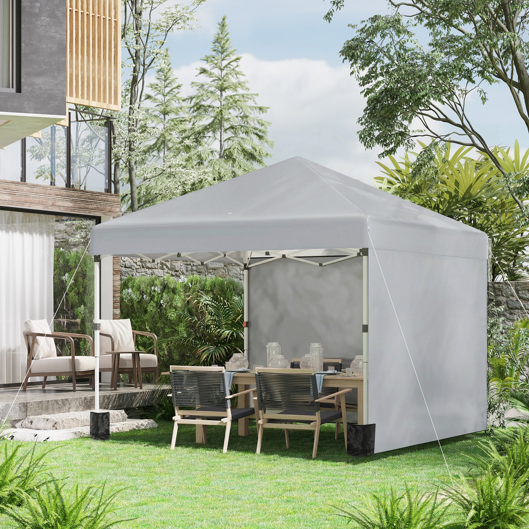 Outsunny 3 x 3 m Pop Up Gazebo, UPF 30+ Party Tent with 2 Sidewalls, Weight Bags and Wheeled Bag, Light Grey 