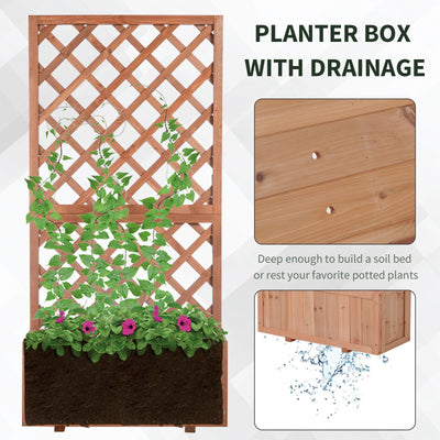 Outsunny 72.5 x 31.5 x 149.5 cm 45L Garden Wooden Pine Trough Planter with Topped Trellis Climbing Plants Flower Raised Bed, Orange 