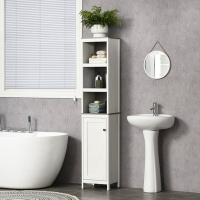 kleankin Tall Bathroom Storage Cabinet, Freestanding Tower Cabinet with 3 Open Shelves and Adjustable Shelf, Antique White 