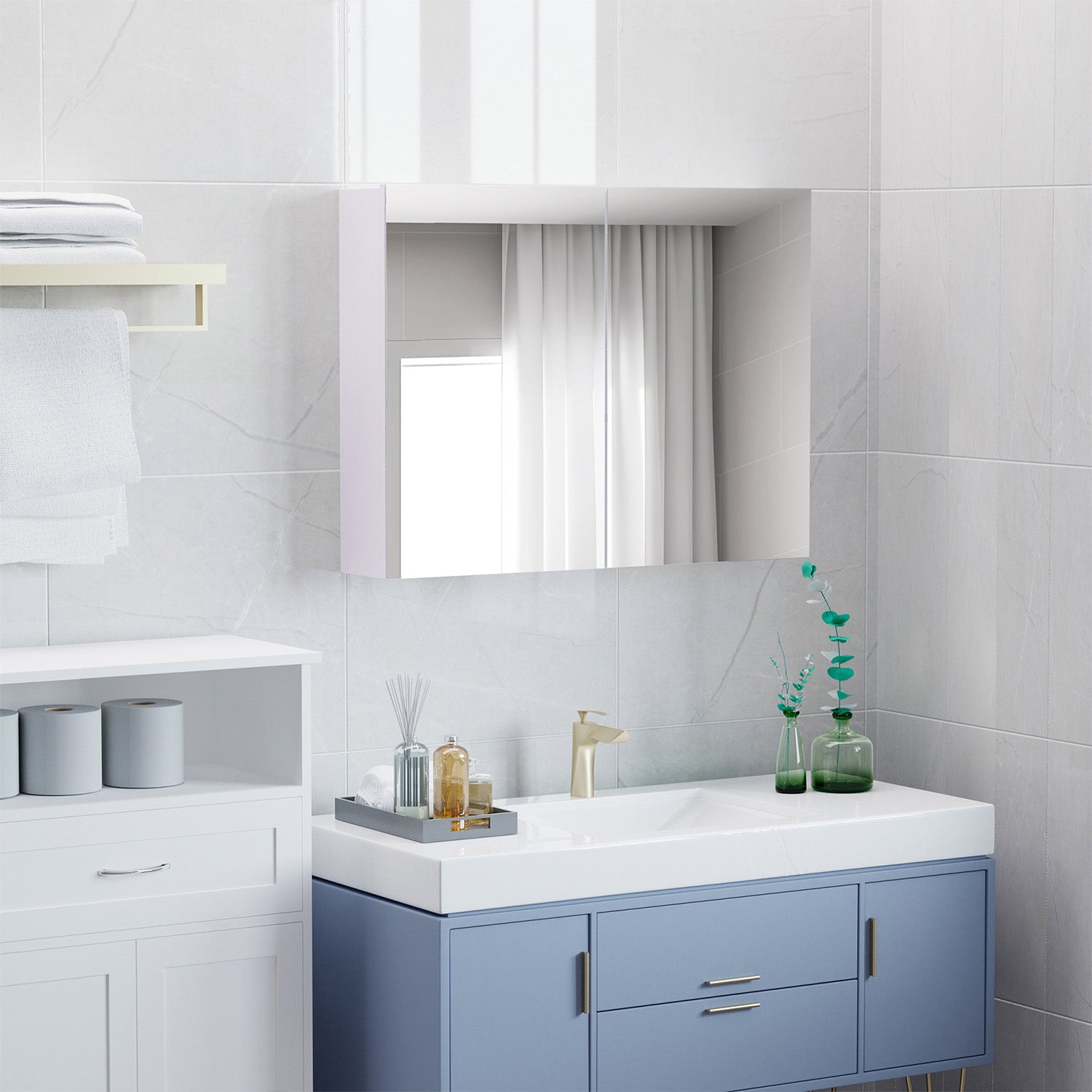 HOMCOM Double Door Wall Mounted Glass Mirror Cabinet Modern Storage Unit Bathroom Shelf Organiser Waterproof Wooden Frame 80Wx15Dx60H(cm) 