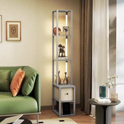 HOMCOM Floor Lamp with Shelves, LED Column Modern Standing Lamp with Fabric Drawer, Adjustable Brightness, Foot Switch for Living Room, Bedroom, Office, Grey 