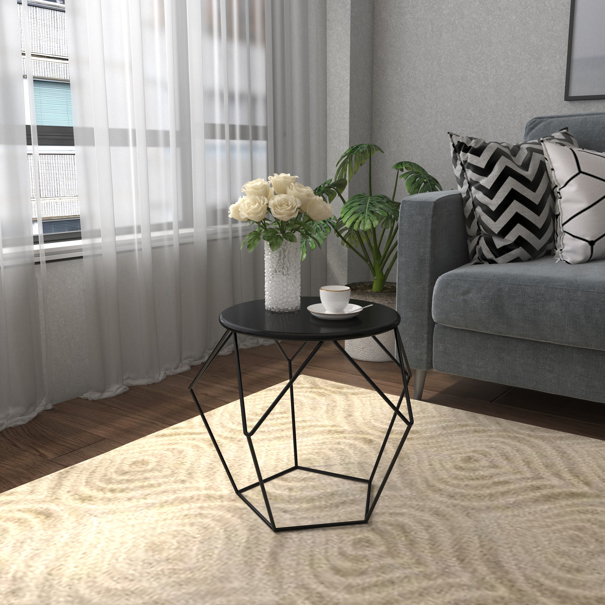 HOMCOM Round Side Table, Minimalist End Table with Steel Frame, Small Coffee Table for Living Room, Bedroom, Black 