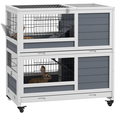 PawHut Double Deckers Guinea Pig Cage, Indoor Rabbit Hutch with Feeding Trough, Trays, Ramps, Openable Top - Grey 
