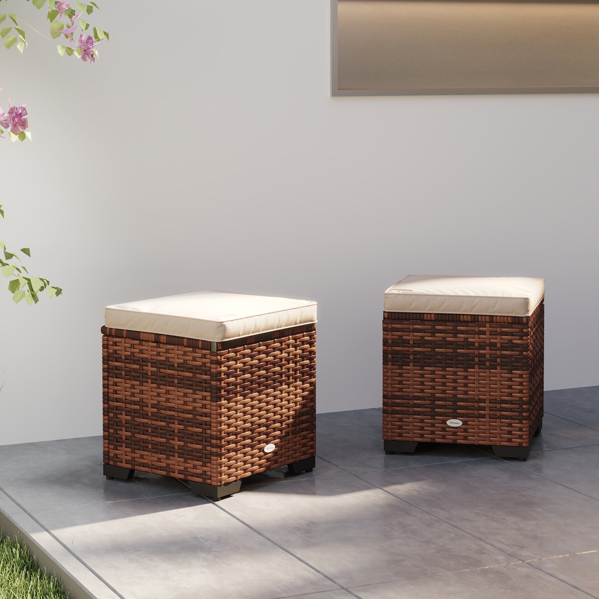 Outsunny Set of 2 Rattan Storage Ottoman, Outdoor Footstool with Removable Cushions, Garden Storage Seat for Balcony, Poolside, Living Room, Beige 