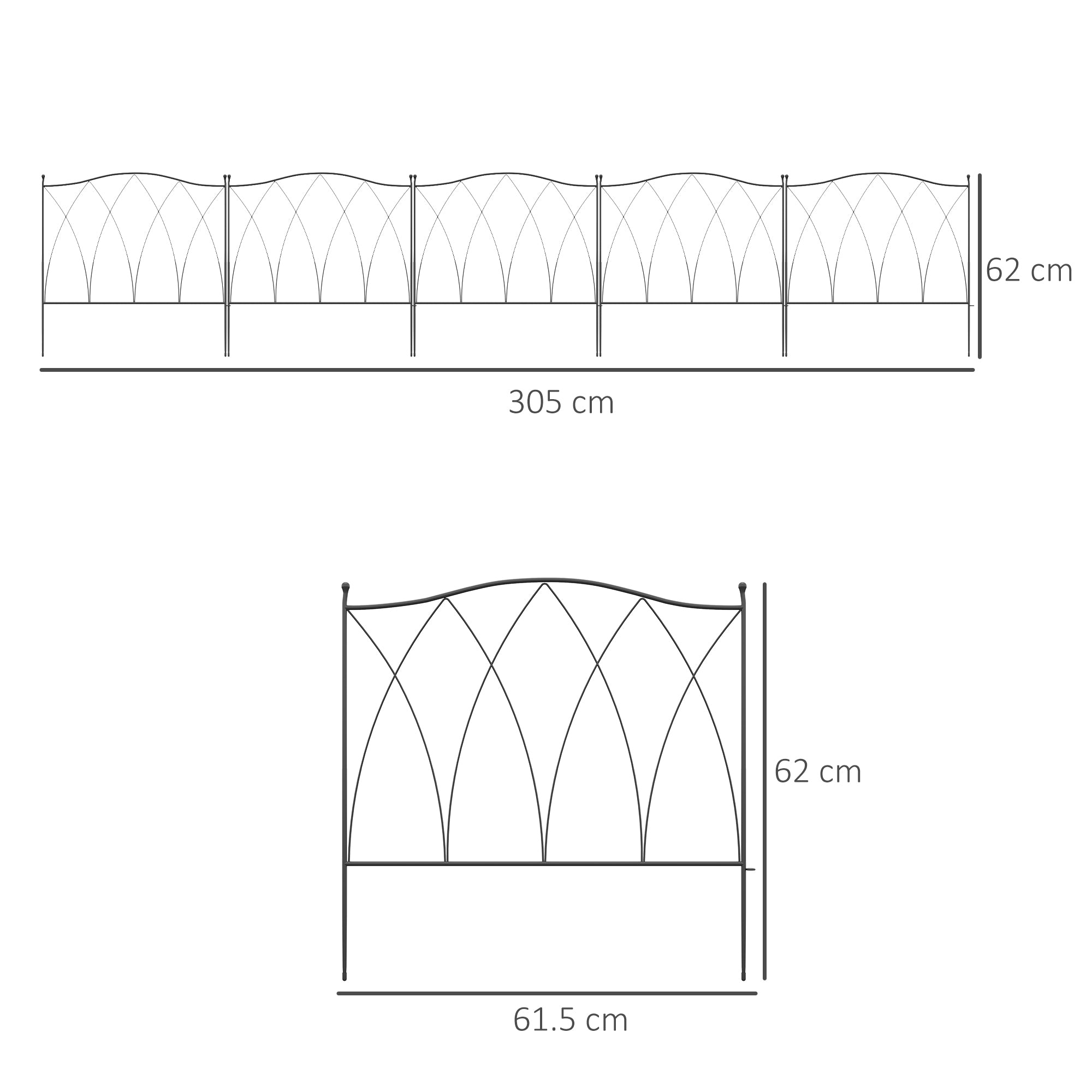 Outsunny Set of Five 61.5cm Decorative Metal Fence Panels - Black