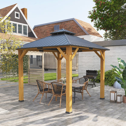 Outsunny 3x(3)M Outdoor Hardtop Gazebo Canopy with 2-Tier Roof and Solid Wood Frame, Outdoor Patio Shelter for Patio, Garden, Grey 