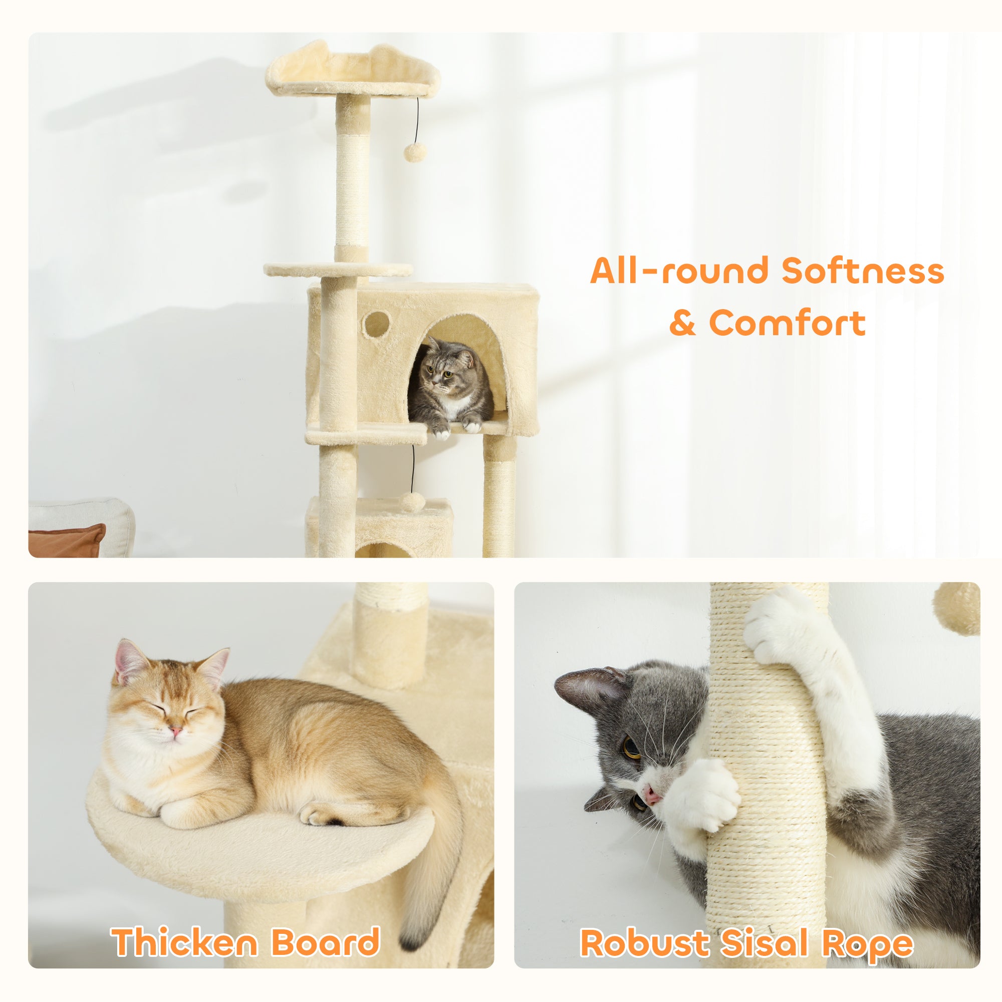 PawHut 180cm Large Cat Tree Tower with Sisal Scratching Posts, Condos, Plush Perches, Hammock, Ladder, Beige 
