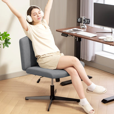 HOMCOM Armless Office Chair No Wheels, Linen Fabric Criss Cross Legged Desk Chair with Wide Seat, Thick Padding, Tilt Function, Height Adjustable Swivel Computer Seat for Home, Grey 