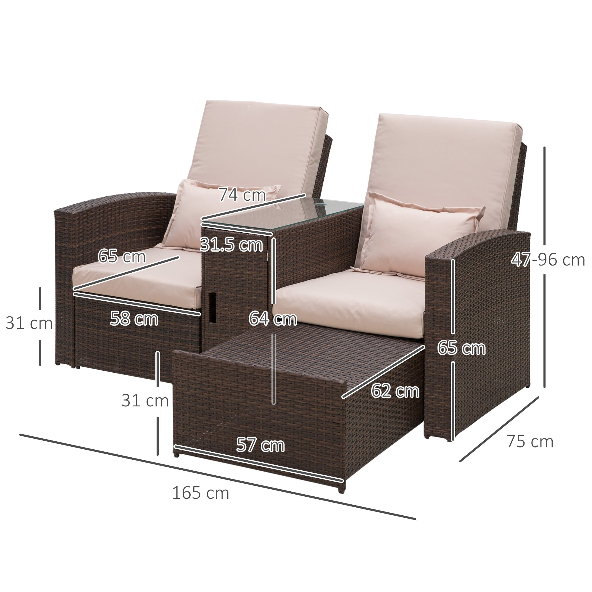 Outsunny 2-Seater Rattan Sofa Lounger Set-Brown 