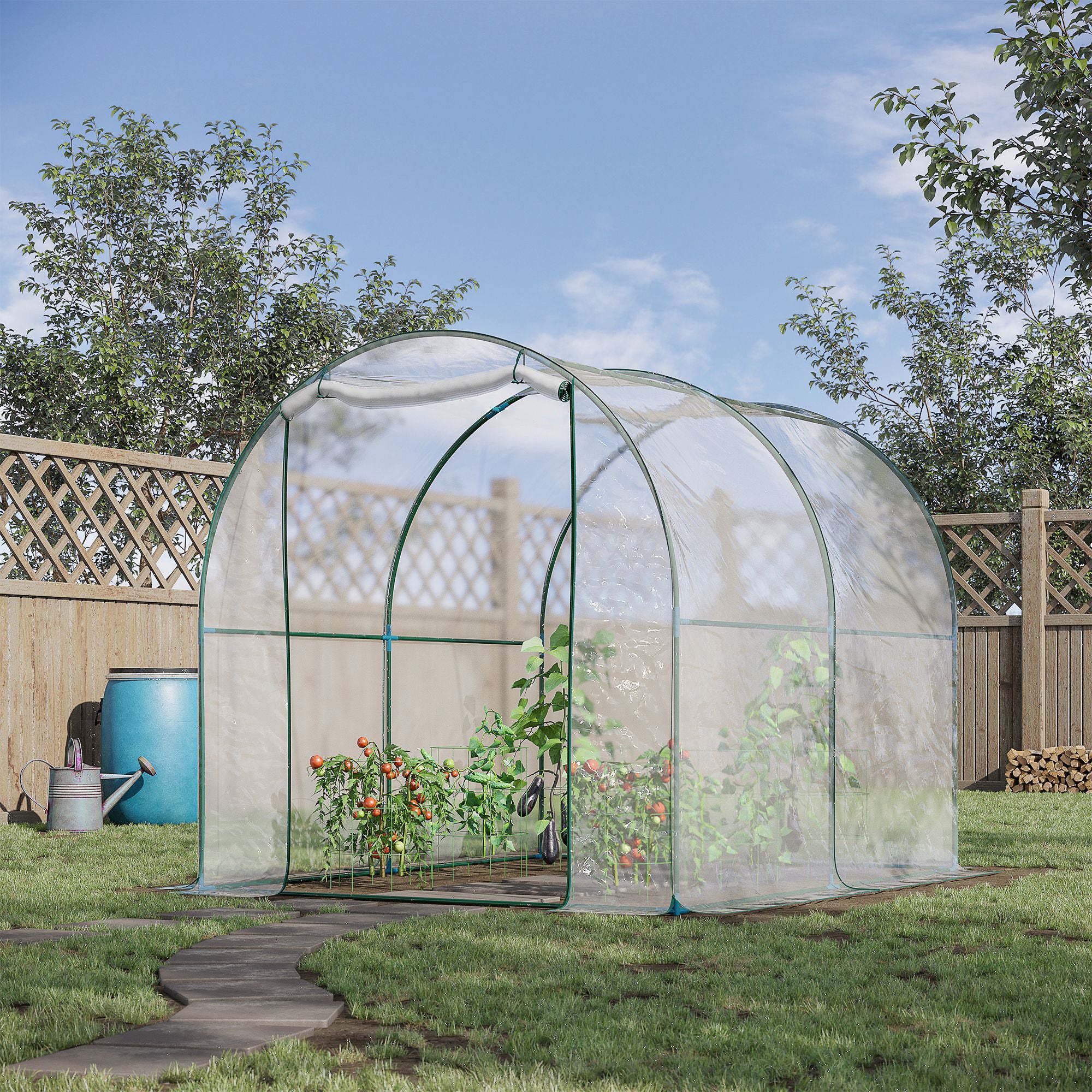 Outsunny Walk-in Polytunnel Greenhouse with Roll-up Door Transparent Tunnel Greenhouse with Steel Frame and PVC Cover, 2.5 x 2m 