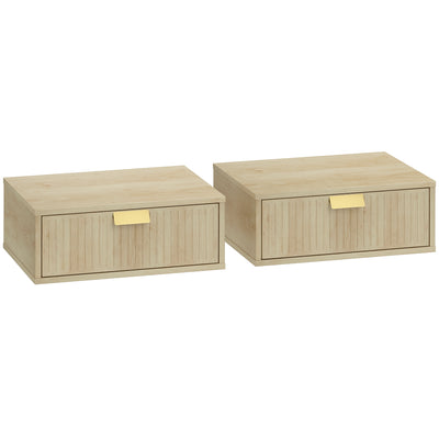 HOMCOM Modern Floating Nightstands Set of 2, Wall Mounted Bedside Tables with Wave Drawer Oak