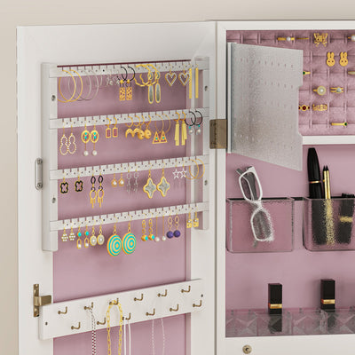 HOMCOM 108 x 37cm Lockable Jewellery Cabinet, with LED Lights - White Surface and Pink Lining 