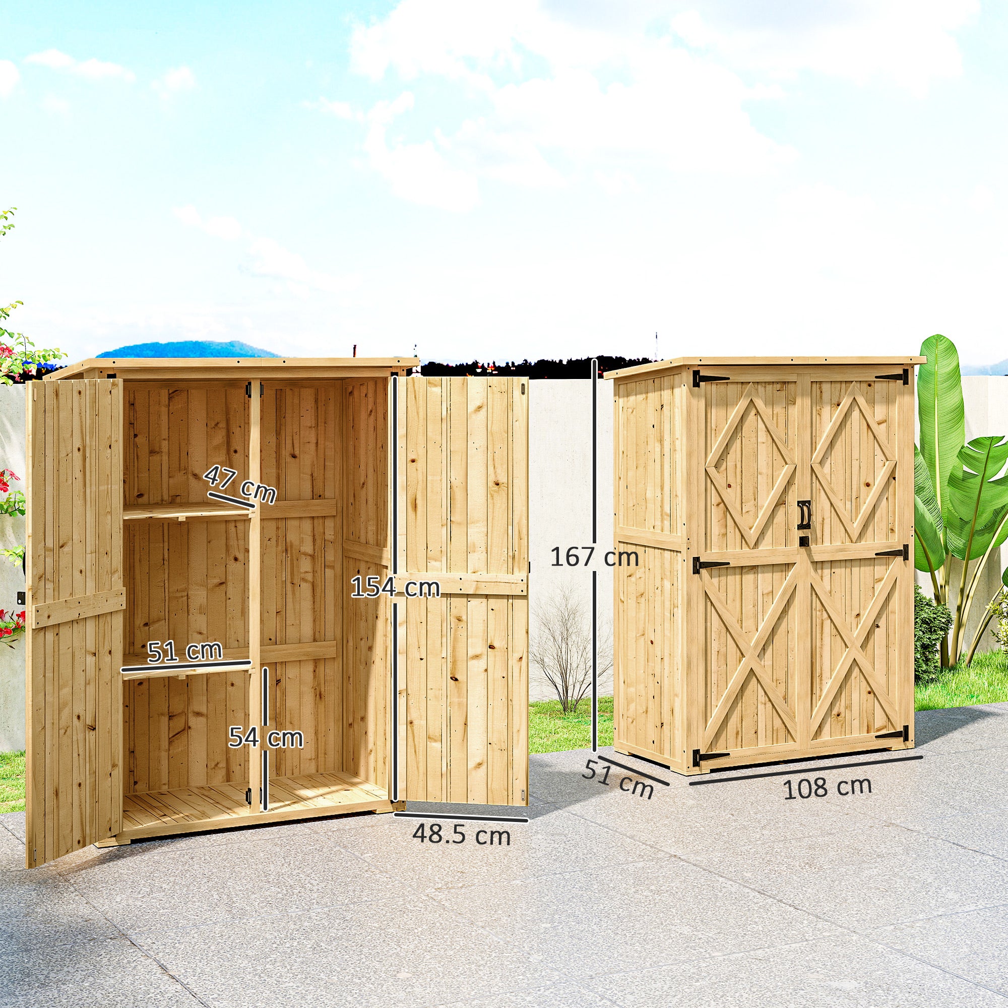 Outsunny Wooden Garden Storage Shed, Tool Storage Cabinet with Asphalt Roof and 2 Shelves for Garden Tools, Equipment, Outdoor Tool Shed with Double Doors, Natural 
