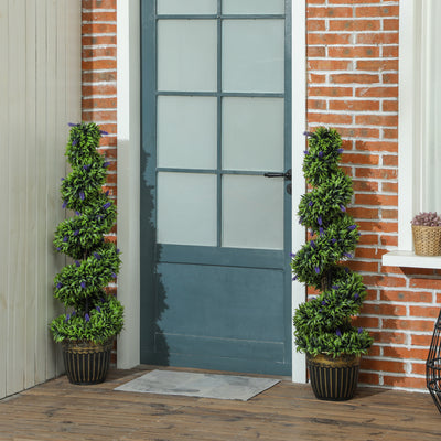 HOMCOM Set of 2 Decorative Artificial Plants, Boxwood Spiral Topiary Tree with Lavender and Pot, Fake Plants for Home Indoor Outdoor Decor, 115cm 