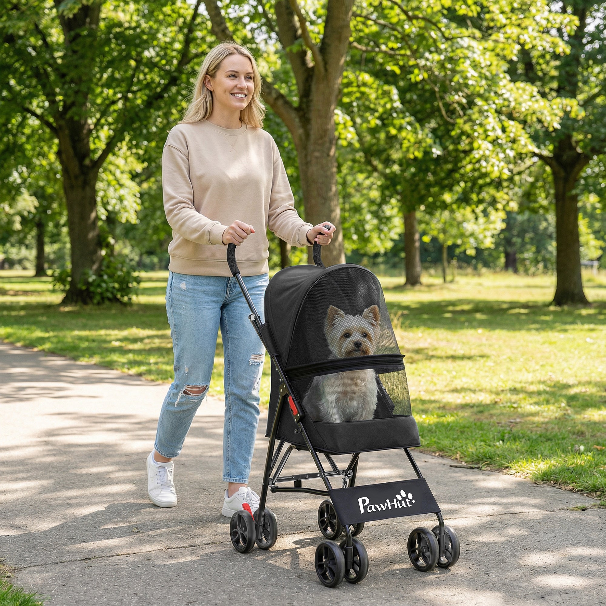 PawHut Dog Stroller, Foldable Cat Dog Pram for Miniature Breeds, Pet Stroller with Brake, Mesh Windows, Black 