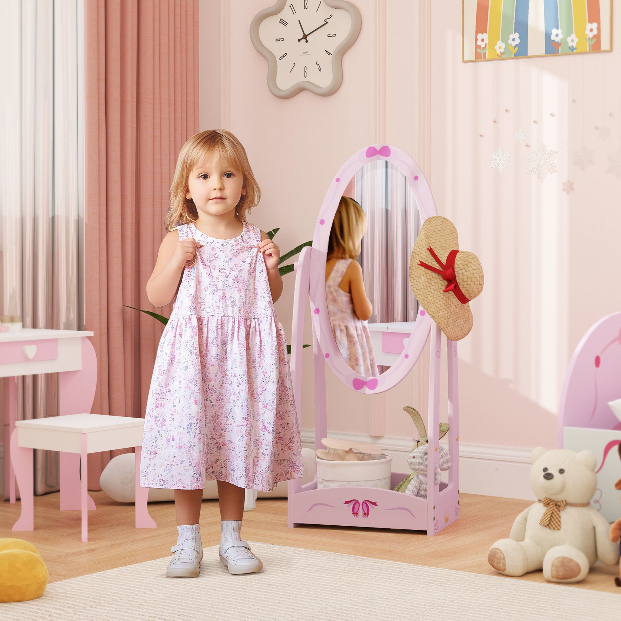 AIYAPLAY Kids Full Length Mirror, 360\'c2\'b0 Rotating Children Standing Mirror with Storage Shelf, Pink