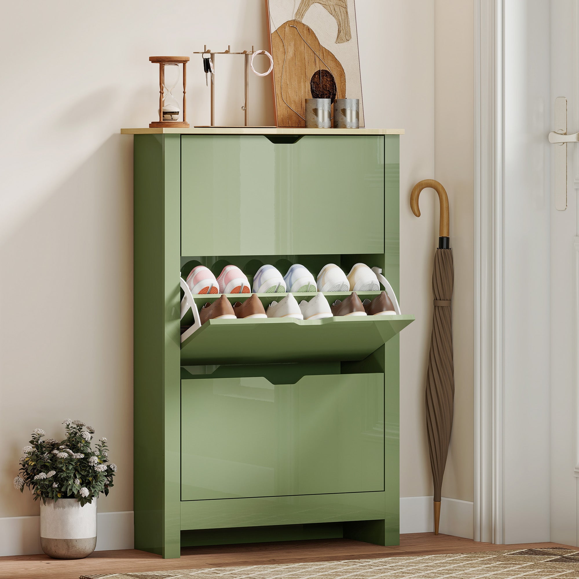 HOMCOM Slim Shoe Cabinet, Narrow Shoe Cupboard with 3 Flip Drawers, Adjustable Shelves for 18 Pairs of Shoes, High Gloss Green 