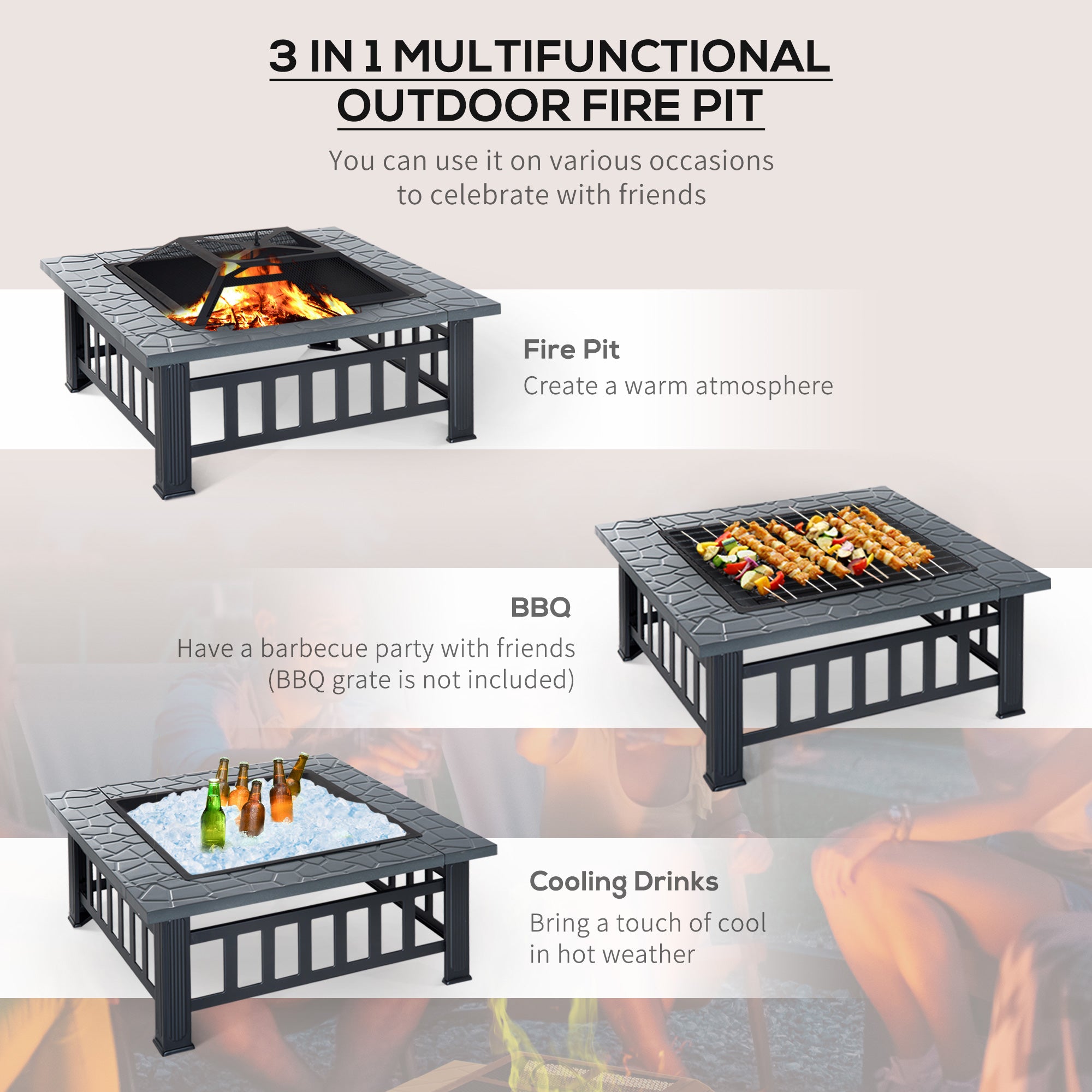 Outsunny Metal Large Firepit Outdoor Square Fire Pit Brazier w/ Rain Cover, Lid, Log Grate, Poker for Backyard, Camping, BBQ, Bonfire, Wood Burning Stove, 86 x 86 x 54cm, Black 