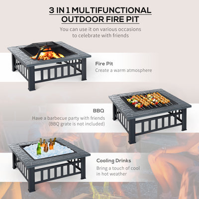 Outsunny Metal Large Firepit Outdoor Square Fire Pit Brazier w/ Rain Cover, Lid, Log Grate, Poker for Backyard, Camping, BBQ, Bonfire, Wood Burning Stove, 86 x 86 x 54cm, Black 