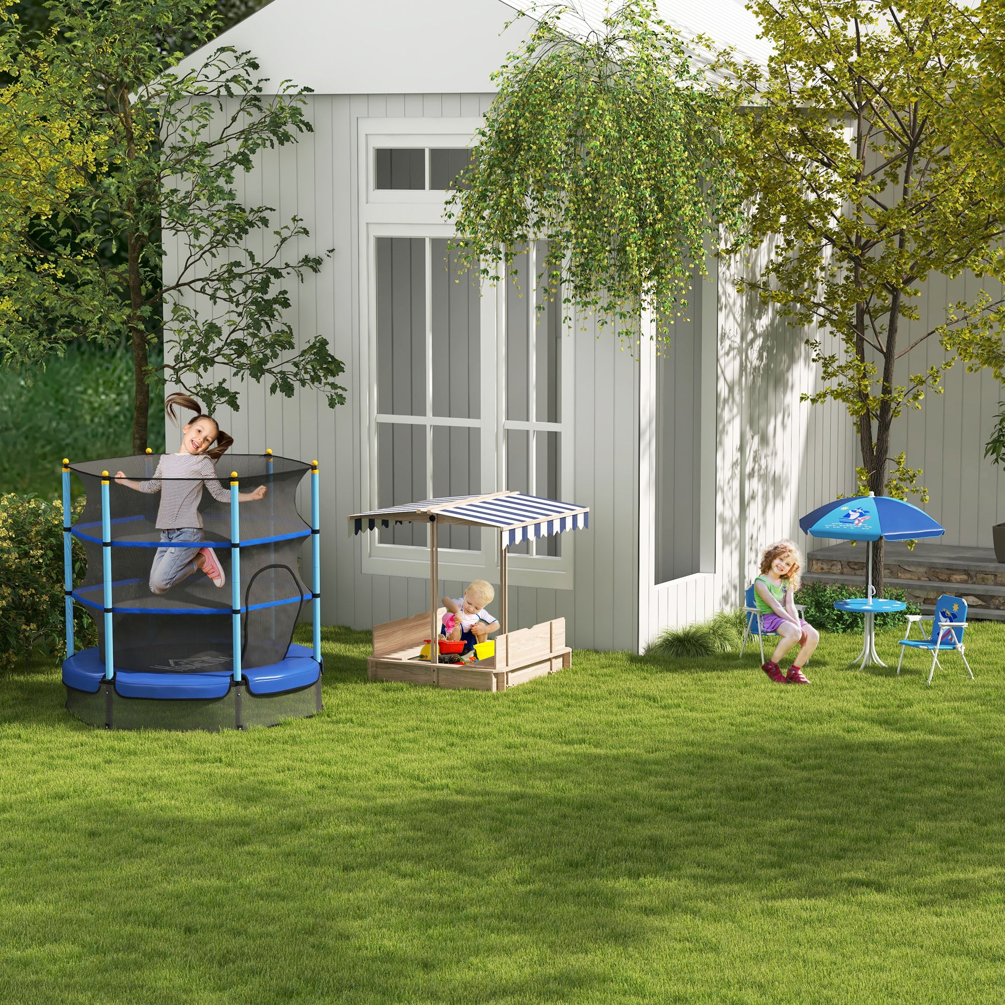Outsunny Kids Wooden Sand Pit with Lids Children Sandbox Height Adjustable Canopy for Garden, Convertible Bench Seat Outdoor Backyard Playset, Blue and White Canopy 