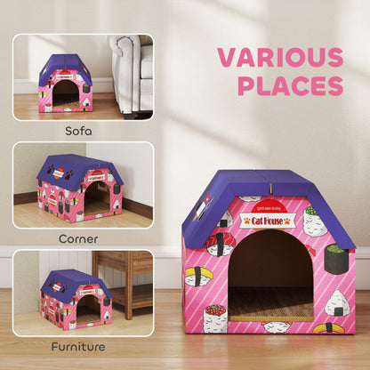 PawHut Cat Scratching Board, 2-in-1 Cardboard Cat House and Hideaway for Indoor Cats, Pink