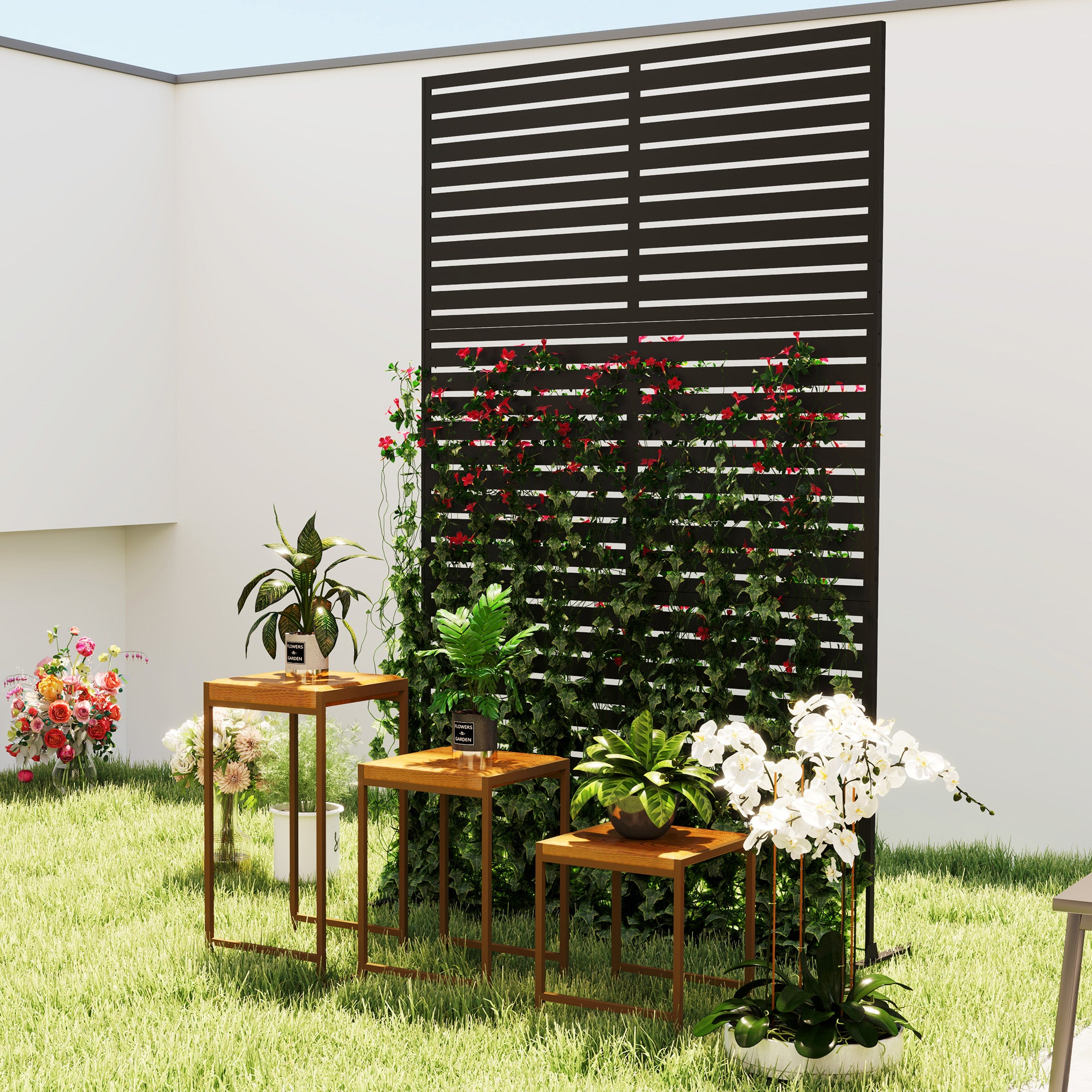 Outsunny Decorative Privacy Fence Screen, Metal Outdoor Privacy Screen Climbing Plant Trellis with Stand, 122 x 198 cm, Black 