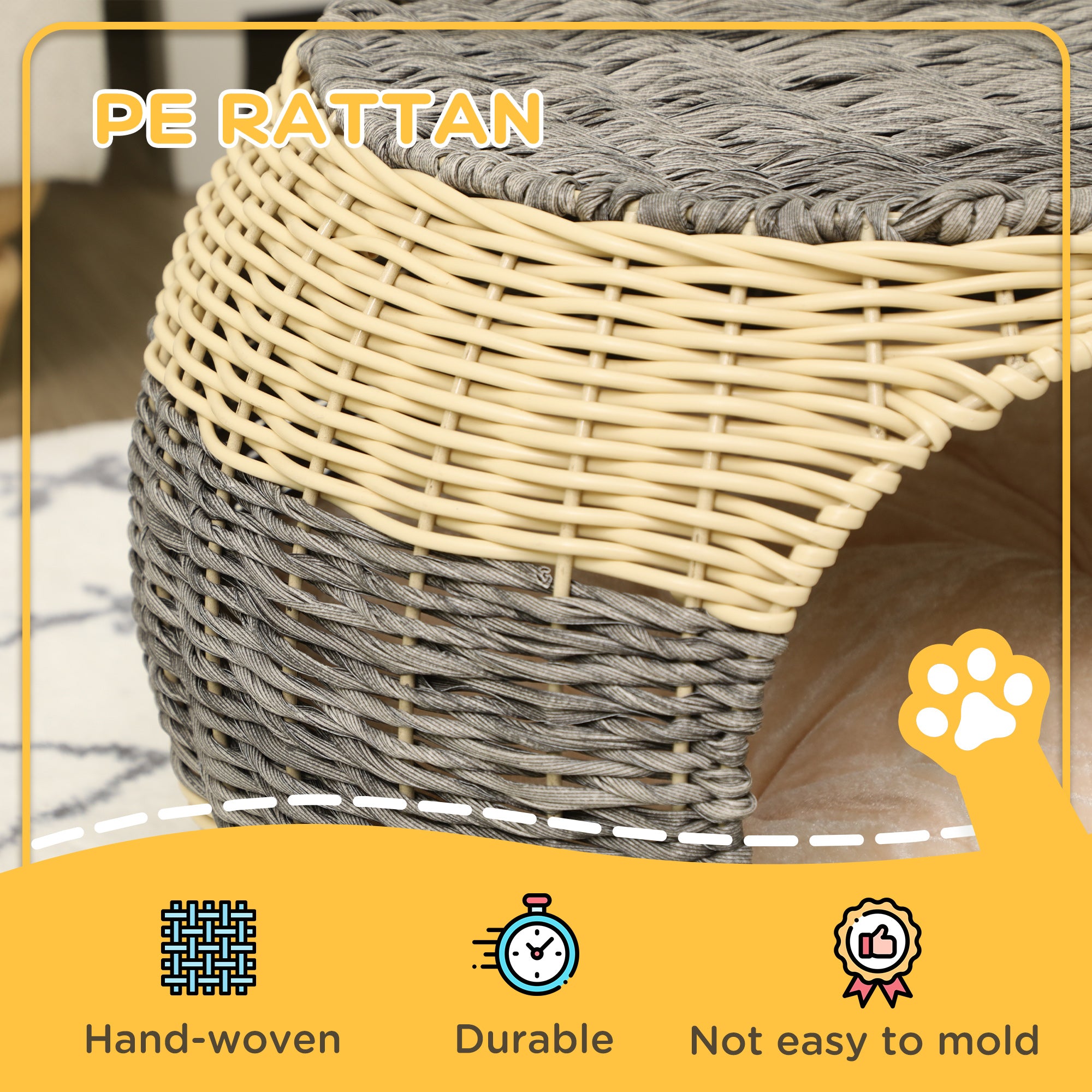 PawHut Wicker Cat House, Rattan Raised Cat Bed, Cosy Kitten Cave with Soft Washable Cushion, \'ce\'a640 x 30cm