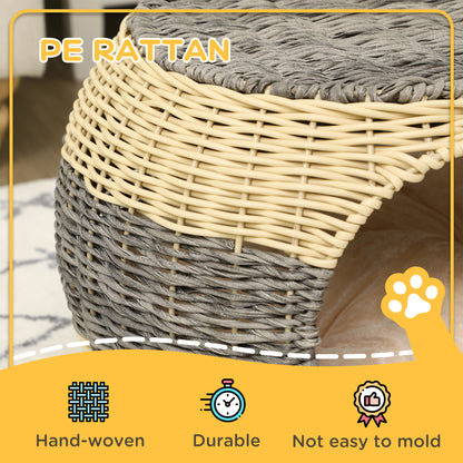 PawHut Wicker Cat House, Rattan Raised Cat Bed, Cosy Kitten Cave with Soft Washable Cushion, \'ce\'a640 x 30cm