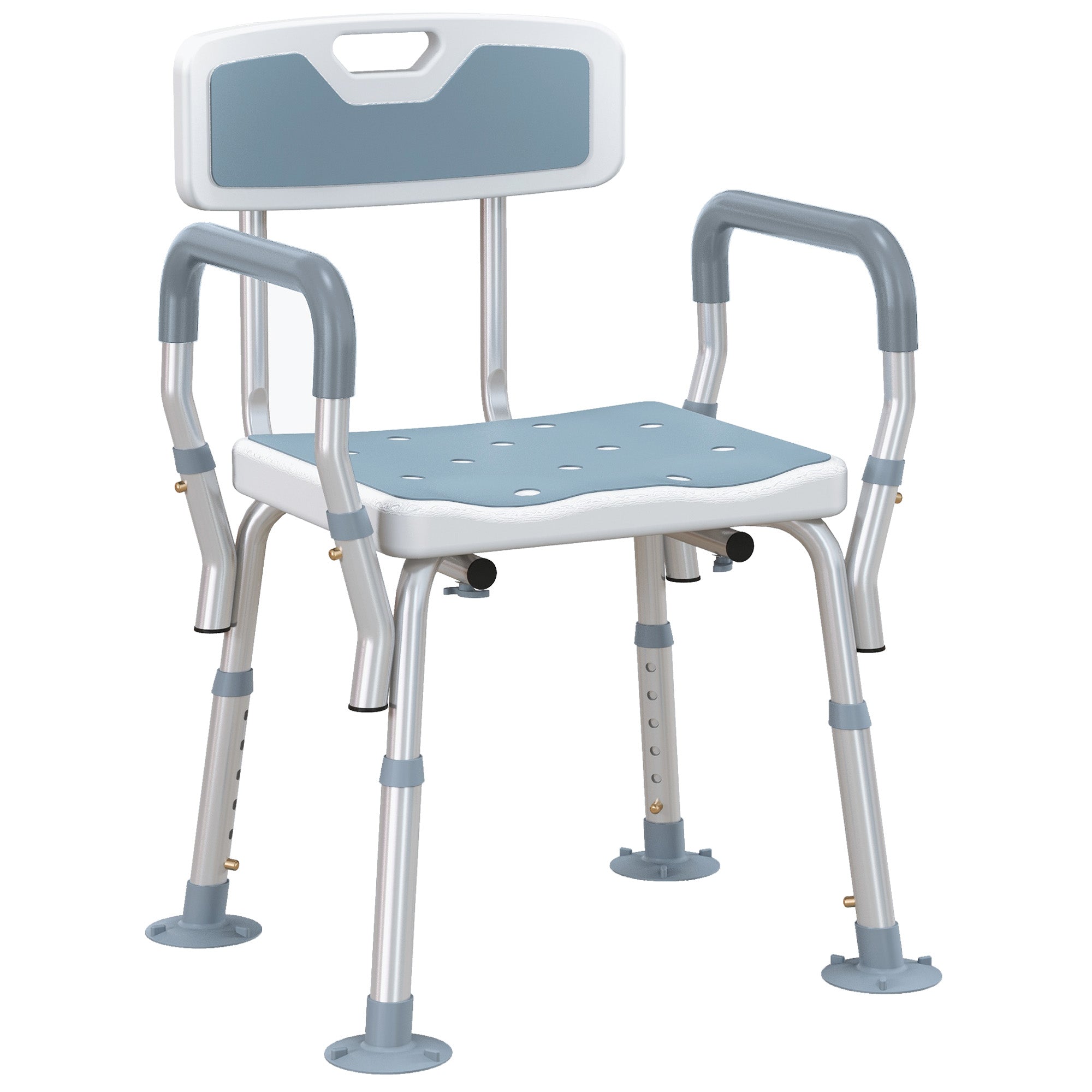 HOMCOM EVA Padded Shower Chair for the Elderly and Disabled, Height Adjustable Shower Stool with Back and Arms, 4 Suction Foot Pads, Light Blue 