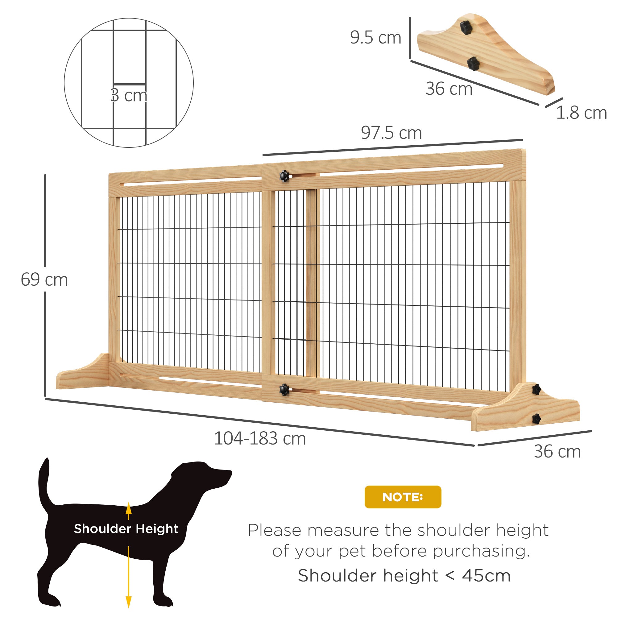 PawHut Freestanding Dog Gate, Foldable Pet Fence, Indoor Wood Barrier, Stair Gate with Support Feet, for Doorway, Hallway, Small and Medium Dogs, 69H x 104-183 cm, Natural Wood Effect 