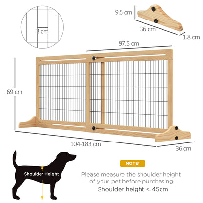 PawHut Freestanding Dog Gate, Foldable Pet Fence, Indoor Wood Barrier, Stair Gate with Support Feet, for Doorway, Hallway, Small and Medium Dogs, 69H x 104-183 cm, Natural Wood Effect 
