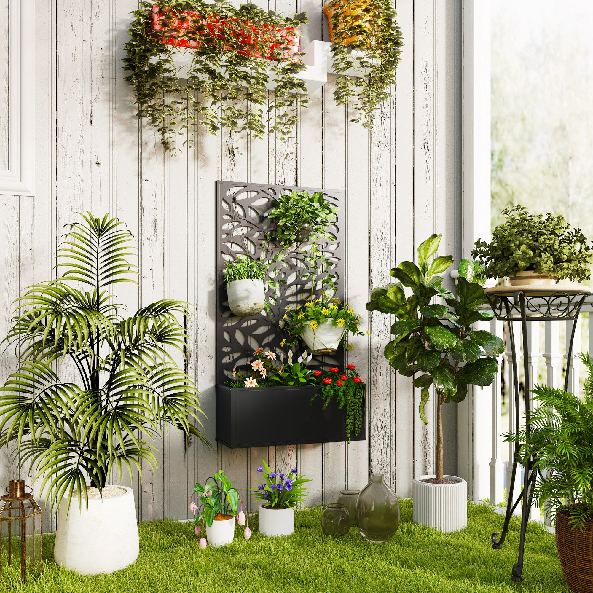 Outsunny Outdoor Metal Planter, with Back Trellis - Black 
