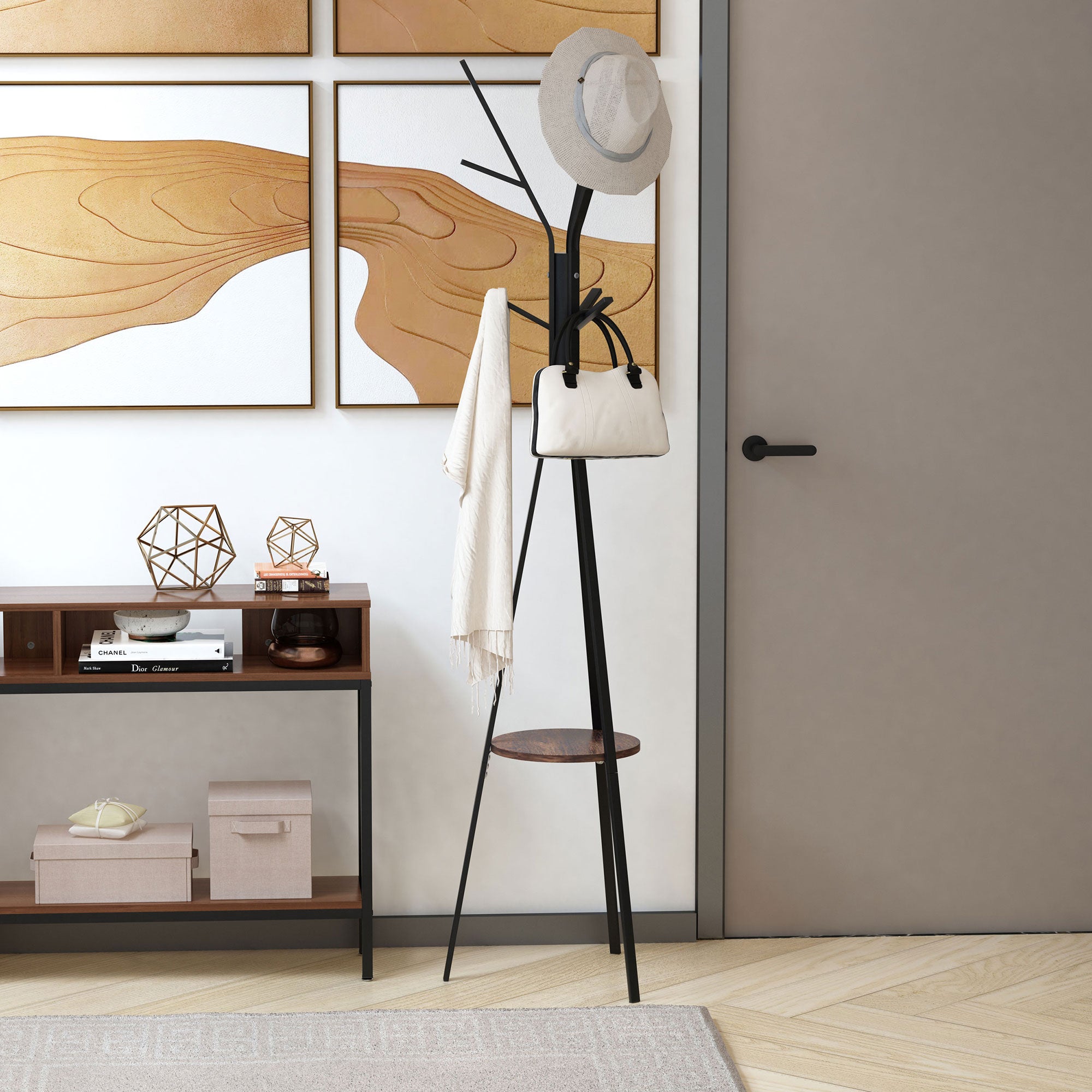 HOMCOM Freestanding Metal Coat Rack Stand 9 Hooks Clothes Tree with 1 Shelf Hat Display Hall Tree Hanger Bag Umbrella Hanging Organiser Brown 