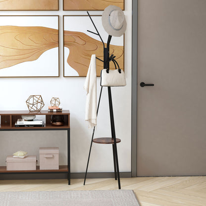 HOMCOM Freestanding Metal Coat Rack Stand 9 Hooks Clothes Tree with 1 Shelf Hat Display Hall Tree Hanger Bag Umbrella Hanging Organiser Brown 