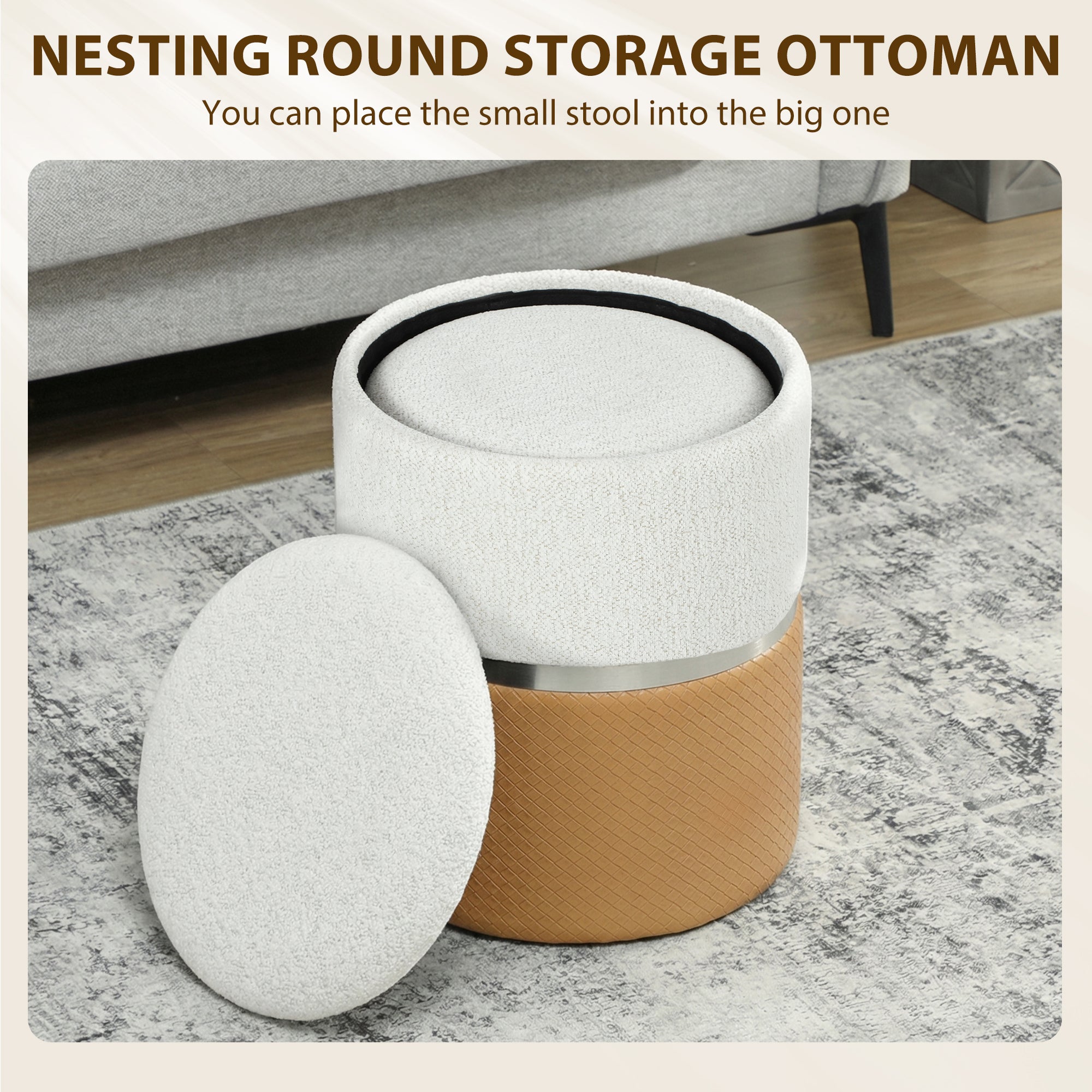 HOMCOM Nesting Round Ottoman with Storage Set of 2 - Cream/Brown 