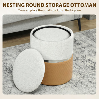 HOMCOM Nesting Round Ottoman with Storage Set of 2 - Cream/Brown 