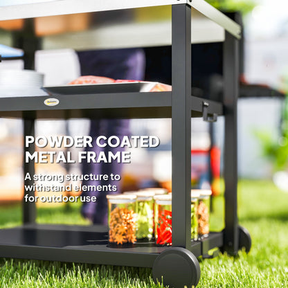 Outsunny Outdoor Grill Dining Cart 3-Shelf Movable Pizza Oven Table Stand with Stainless Steel Top, Portable BBQ Trolley Food Prep Outdoor Kitchen BBQ Station with Hooks Wheels Handle, Charcoal Grey 