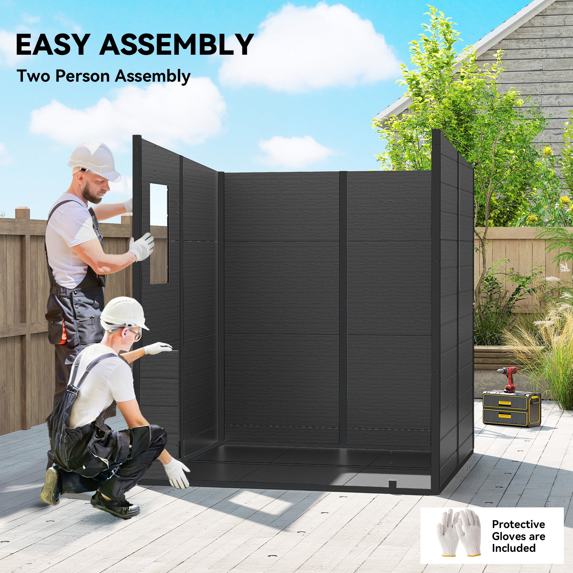 Outsunny 6 x 6 ft Plastic Garden Shed, Wood-Effect Outdoor Storage Shed with Floor, Windows, Lockable Doors and Vents, Dark Grey 
