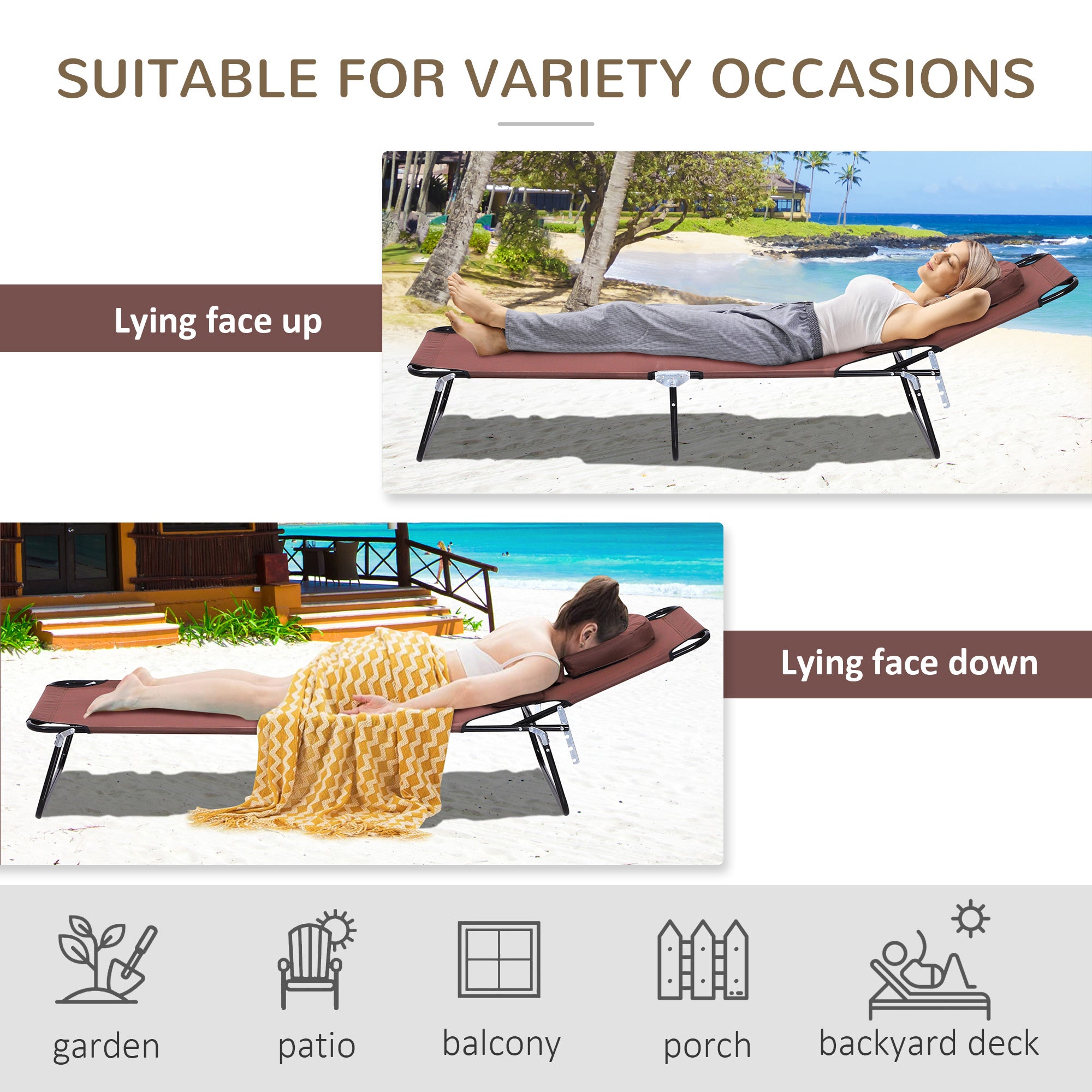 Outsunny Outdoor Foldable Sun Lounger, 4 Level Adjustable Backrest Reclining Sun Lounger Chair with Pillow and Reading Hole, Brown 