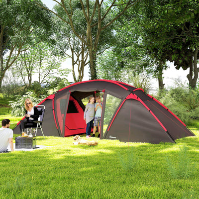 Outsunny 4-6 Man Family Camping Tent w/ 2 Bedrooms and a Living Room, Waterproof Tunnel Tent w/ Sewn In Groundsheet, Doors, Windows, Carry Bag, Grey 