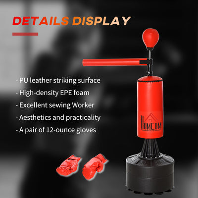 HOMCOM 155-205cm 3-IN-1 Freestanding Boxing Punching Bag Stand, Boxing Speed Trainer with Rotating Flexible Arm, Speed Ball, Fillable Base, Red 