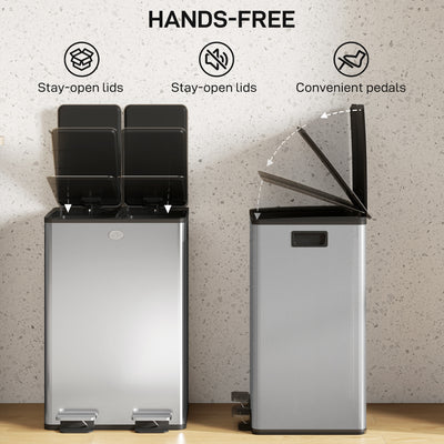 HOMCOM 56L Dual Compartment Stainless Steel Bin, with Deodoriser Holders - Silver Tone 